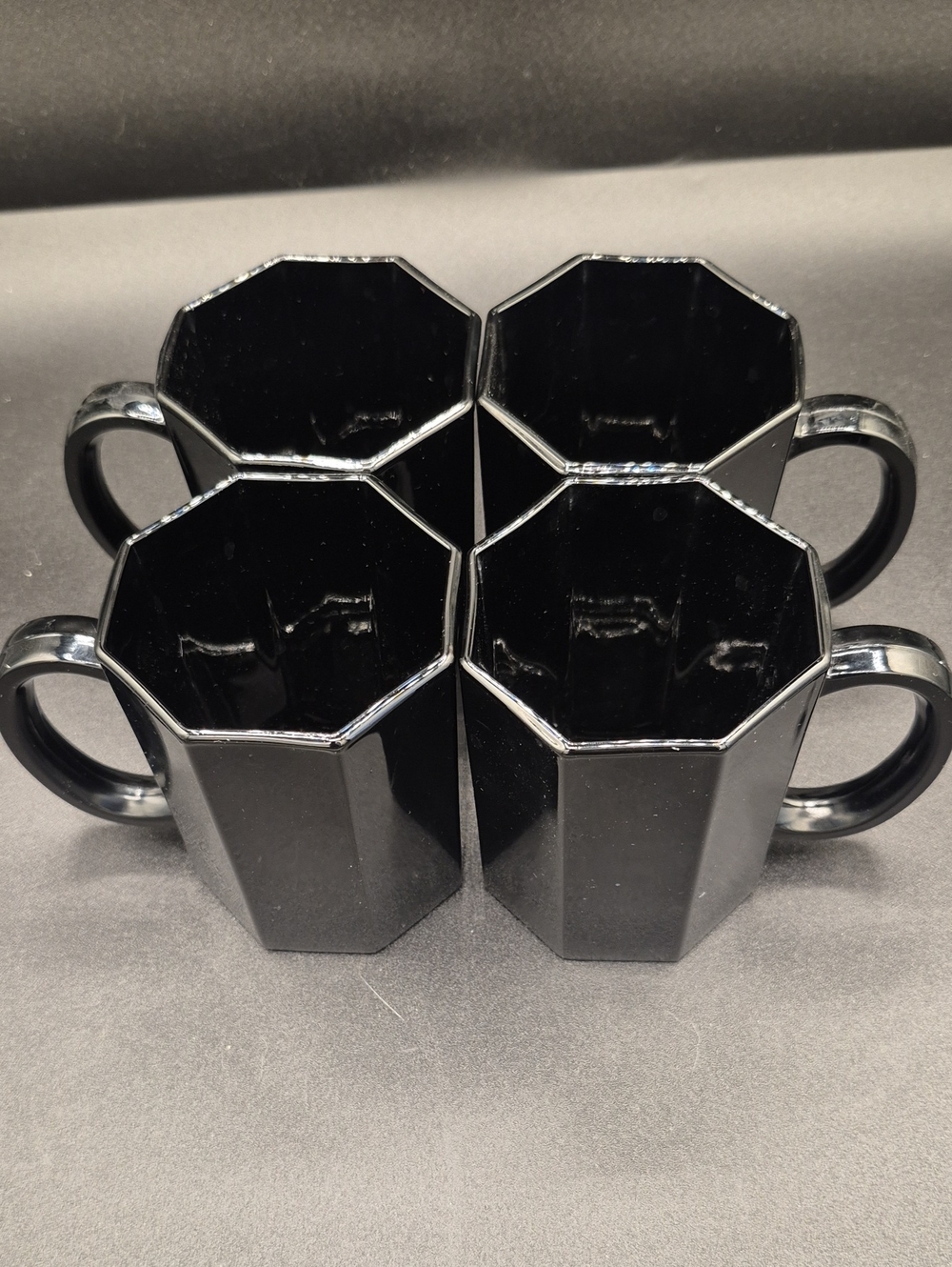 MCM Vintage Arcoroc France Octime Black Glass Octagonal Mugs - Set of 4